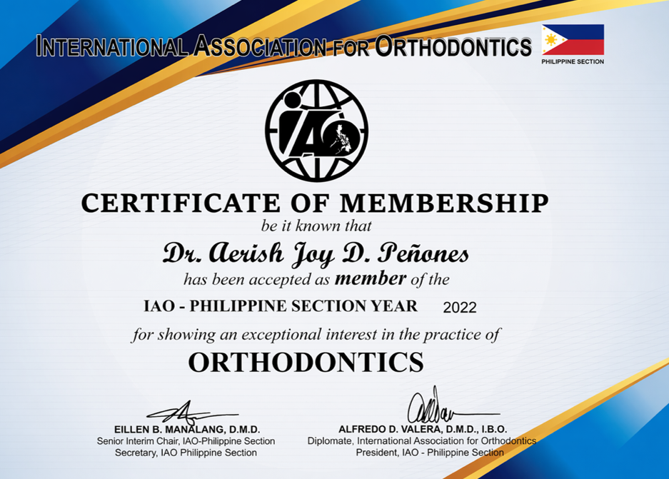 International Association for Orthodontics certificate of membership